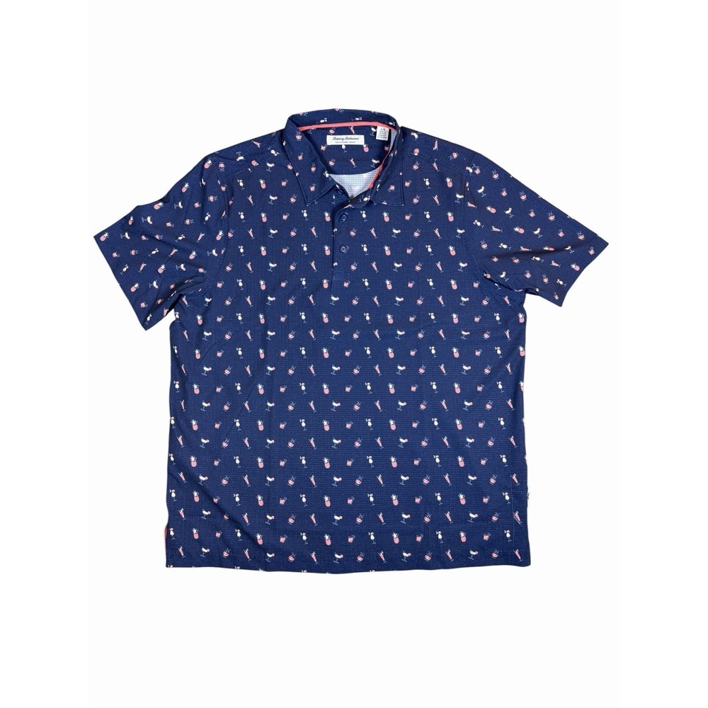 Tommy Bahama IslandZone Polo Shirt Mens Large Blue Cocktail Print Stretch Golf